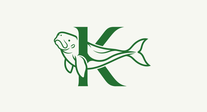 Green Manatee and Letter K Logo Design.