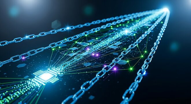 Digital blockchain technology concept with interconnected glowing chains and computer processing unit chip blockchain technology security connection computing