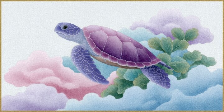 colorful cute turtle, flying over the sea, colorful clouds in sky, colorful woodblock print, black border, white background.