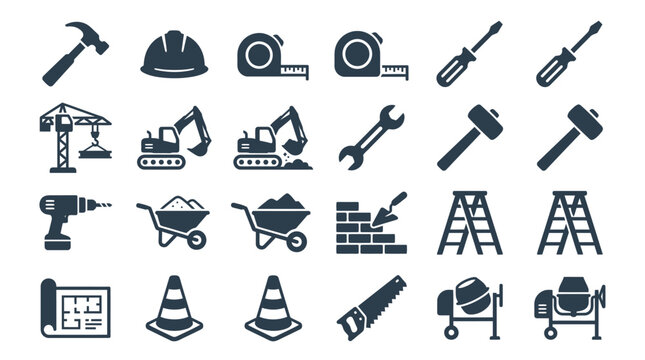 Construction workers use tools and equipment on a building site with cranes and vehicles.