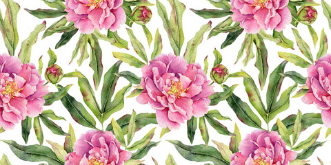 Pink peony flowers, buds and leaves watercolor seamless pattern. Hand drawn sprint print of garden blossom pion plant. Floral botanical background for wedding, textile, fabric, wrapping paper © Fedulova_art