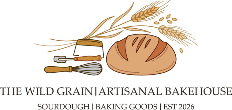 Artisanal bakery logo with sourdough bread and wheat, rustic bakehouse emblem with baking tools, vintage hand drawn bread shop vector illustration