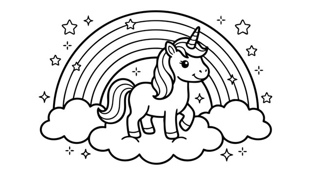 Adorable unicorn standing on clouds with rainbow and stars, kids coloring book page, clean thick outlines, simple cute cartoon illustration, black and white vector artwork, easy coloring spaces, print