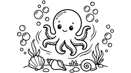 Baby octopus underwater with seashells and bubbles, adorable coloring page design, black and white vector illustration, minimal details, bold clean outlines, pure white background. © hamxo