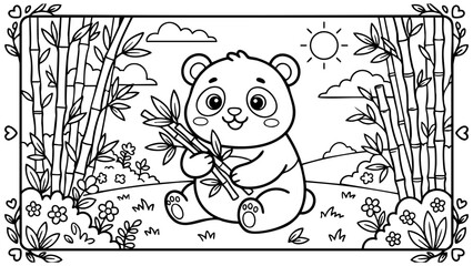 Cute baby panda sitting with bamboo in a garden, simple black and white coloring page for kids, bold clean outline, minimal details, kawaii cartoon style, printable A4 coloring book page, vector line  © hamxo