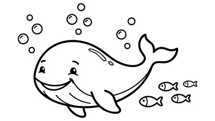 Smiling baby whale swimming underwater with bubbles and small fish, simple marine life coloring page for children, bold clean line art, minimalist vector illustration, easy coloring spaces, pure white © hamxo