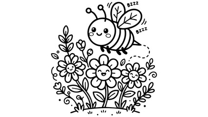 Happy little bee flying around flowers, kawaii coloring page design, bold outlines, minimal details, black and white cartoon vector, pure white background. © hamxo