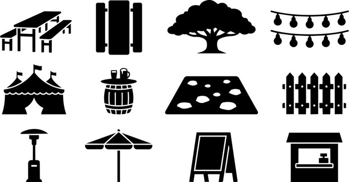 Beer Garden Furniture and Outdoor Setup Silhouette Icon Set