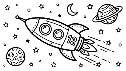 Cartoon rocket flying in space with stars and planets, simple coloring page design, thick black outlines, minimal details, printable vector illustration for children, pure white background. © hamxo
