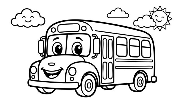 Cartoon school bus with smiling face and clouds, simple transportation coloring page, easy coloring spaces, vector illustration
