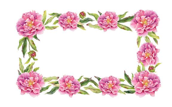 Pink lush peony flowers, bud, leaves hand drawn watercolor wreath. Garden rose floral rectangular frame. Botanical template banner of blooming pions for invites, greeting wedding, anniversary cards