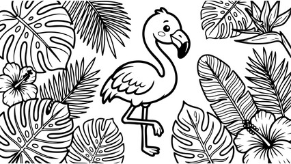 Cute flamingo standing near tropical leaves, printable coloring book illustration, bold outlines, black and white vector style © hamxo