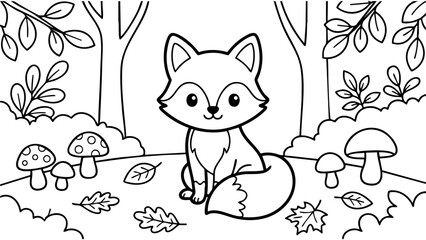 Cute fox sitting in forest with mushrooms and leaves, simple woodland coloring page, kawaii cartoon style, clean vector line art, bold thick outlines, minimal detail, white background. © hamxo