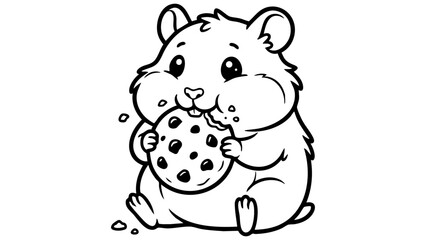 Cute hamster eating a cookie, adorable pet coloring page, minimal details, bold clean contour lines, printable coloring book design, black and white vector art, pure white background. © hamxo