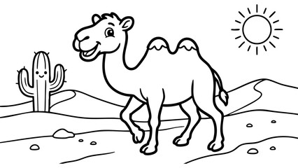 Happy camel walking in a desert with a cactus and a sun in the background, simple coloring page for kids, black and white cartoon line art, bold thick outlines, minimal detail, white background. © hamxo