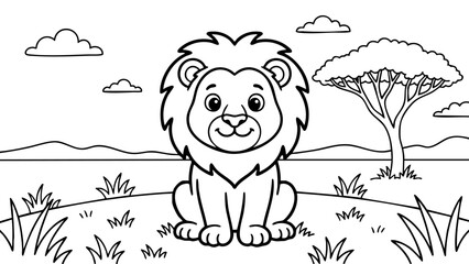 Friendly lion sitting in savanna, cute animal coloring book page, simple black and white outline illustration, easy coloring spaces, vector line art for kids, thick bold lines, minimal detail, white b © hamxo
