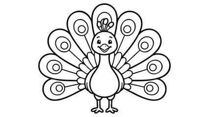 Cute peacock with a simple feather design, easy coloring page for preschool kids, bold clean black and white outline vector artwork, minimal details, pure white background. © hamxo
