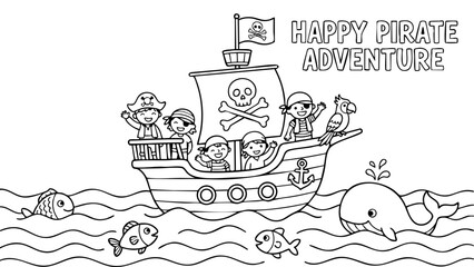 Happy pirate ship sailing on ocean waves, simple adventure coloring page, cartoon vector line drawing for children © hamxo