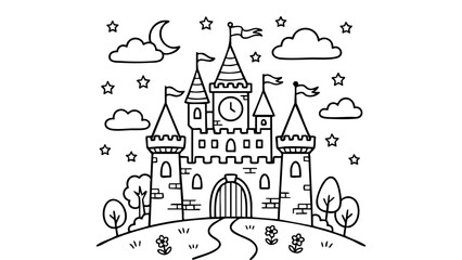 Princess castle with clouds and stars, fairy tale coloring page, clean bold outline drawing, easy vector illustration for children coloring book, minimal detail, pure white background. © hamxo