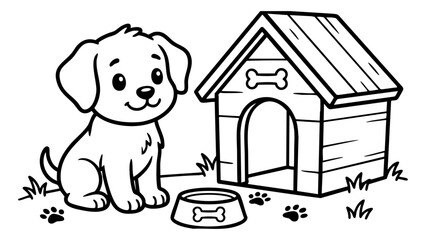 Cute puppy sitting near a simple dog house, cartoon pet coloring page, thick bold black outlines, minimal details, printable coloring book vector illustration, pure white background. © hamxo