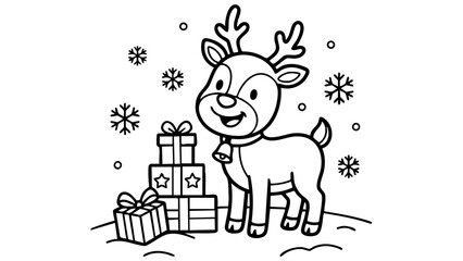 Cute reindeer with Christmas gifts and snowflakes, simple holiday coloring page for kids, clean vector line art, printable black and white illustration, bold thick outlines, minimal detail, white back © hamxo