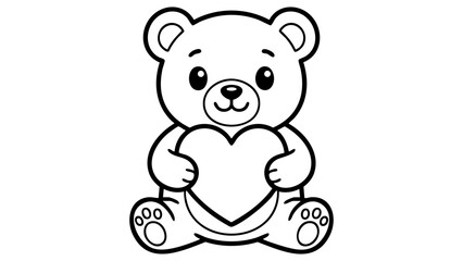 Cute teddy bear holding a heart, kawaii coloring page for children, black and white line drawing, simple printable vector illustration, bold clean outlines, minimal detail, pure white background. © hamxo