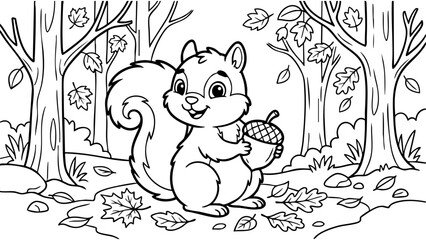 Cute squirrel holding an acorn in an autumn forest, professional kids coloring book illustration, bold black outlines, simple cartoon line art, minimal detail, pure white background. © hamxo