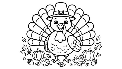 Cute turkey with autumn leaves, Thanksgiving coloring page for kids, bold clean outline drawing, printable cartoon vector artwork, minimal detail, pure white background. © hamxo