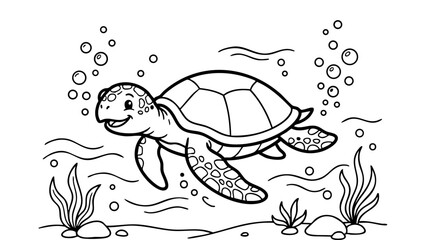 Happy turtle swimming underwater with bubbles, simple marine coloring page for kids, black and white line art illustration, bold clean outlines, minimal background, pure white background. © hamxo