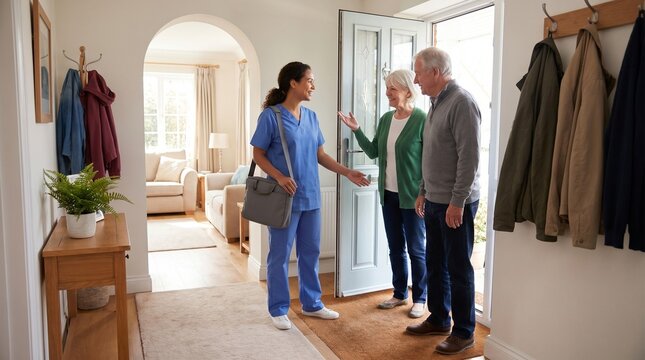 Healthcare home visit arrival with older couple in residential entryway