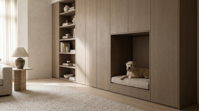 Taupe Living Room Millwork With Built In Canine Resting Alcove