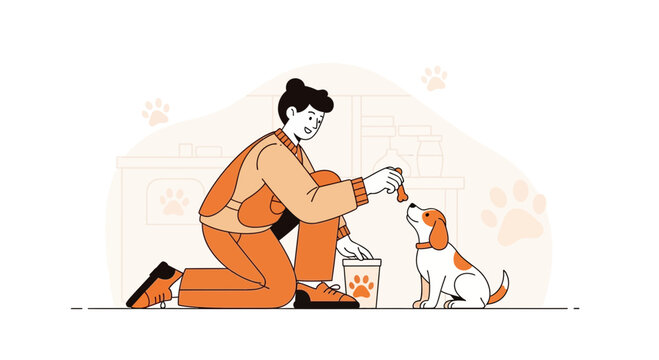 Person training a puppy with treats, rewarding good behavior, bonding with pet