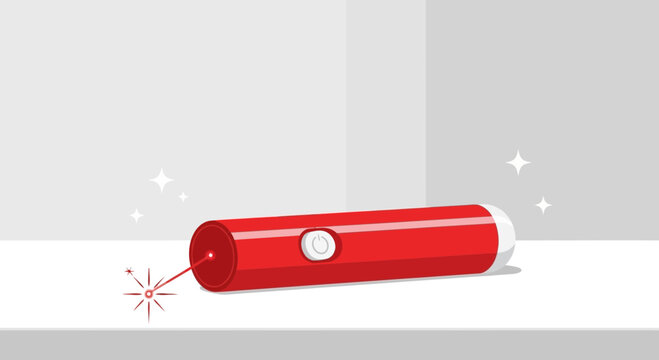 Red laser pointer emitting a red beam and starburst effect on a white surface