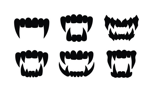 Collection of sharp vampire fangs and monster teeth silhouettes for scary designs.