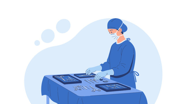 Surgeon preparing surgical instruments and equipment on a sterile table in an operating room.