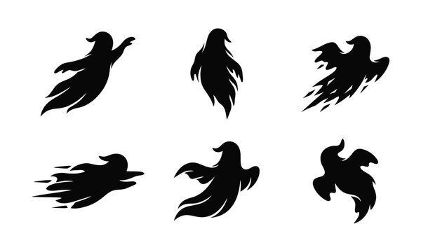 Collection of spooky ghost silhouettes flying and floating in dark black shadows.