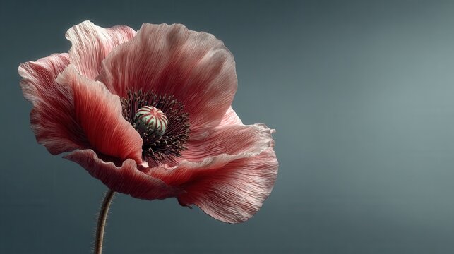 single red poppy with a slender stem on a plain background, minimalist composition with half of the background left blank for copy space 