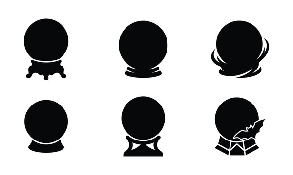Set of black silhouette magic crystal balls with different stands isolated on white.