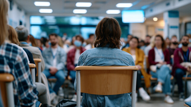Crowded hospital waiting room with patients seated in rows of chairs under fluorescent lighting, healthcare access, patient experience, public health system, medical facility environment, community 
