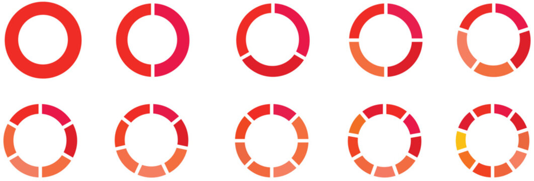 Pie chart set. Colorful diagram collection with sections or steps, segment of circle element icons collection for 1 2 3 4 5 6 7 8 9 10. Vector illustration.