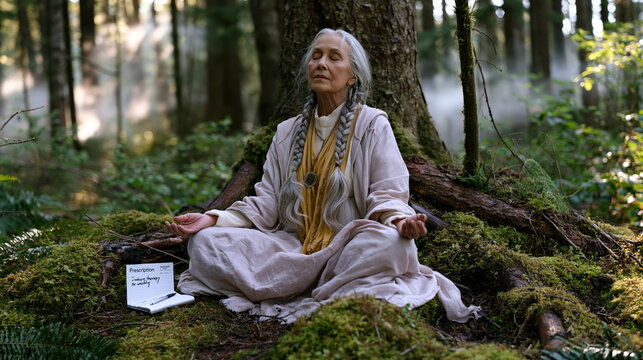 Elderly woman with silver braided hair sits cross-legged on damp forest moss, eyes closed, palms resting on tree roots, prescription notepad beside her reading "nature therapy 3x weekly," mist curli