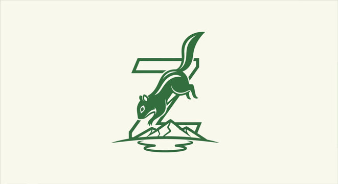 Green squirrel logo with mountain and sun design.