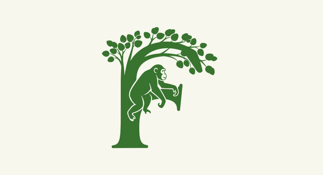 Monkey hanging from a green tree branch silhouette.
