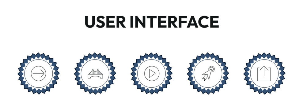 user interface outline icon set. arrow pointing right, bridge, video play, export button and more. linear vector collection. editable stroke