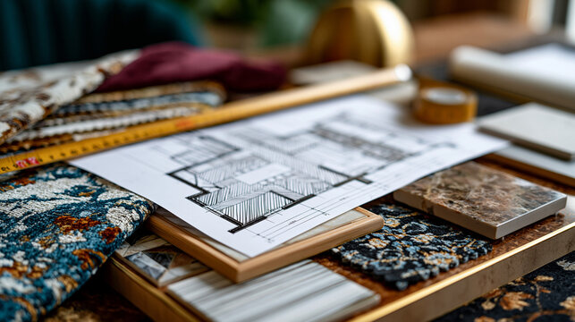 Floor plan layout diagram sketched in precise architectural line style lying across a luxury interior material board surrounded by fabric swatches, tile samples, and a measuring tape, interior desig