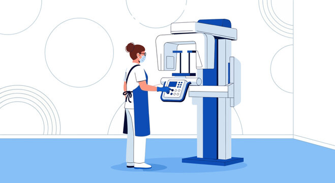 Dentist Operating Dental X-ray Machine with Patient Observation