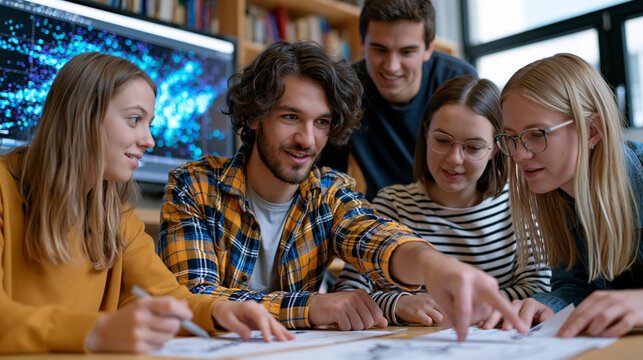 Group dynamic of five graduate students gathered around a scatter plot visualization projected on a seminar room display, one student pointing at a data cluster while others annotate printed copies,