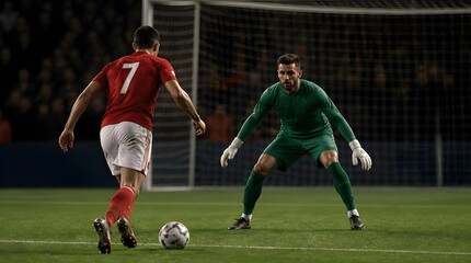 Naklejka premium Soccer Goalkeeper Ready to Save Shot from Striker on Football Field