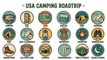 Naklejka premium Travelers embark on a USA camping roadtrip adventure with gear