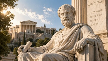 Fototapeta premium Ancient philosopher statue seated holding scroll on hill with temple